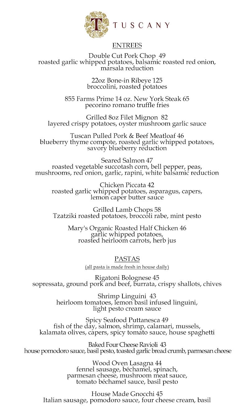 Tuscany Restaurant’s updated entrée menu featuring Italian-inspired dishes in Salt Lake City