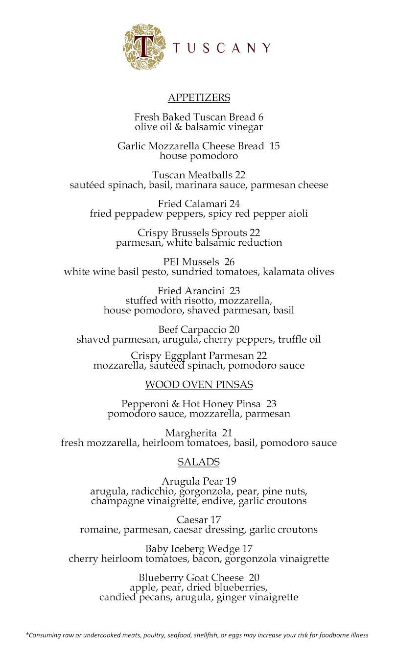 Tuscany Restaurant’s updated appetizer menu featuring Italian-inspired starters in Salt Lake City